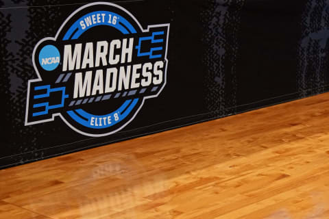 Mar 26, 2022; San Francisco, CA, USA; The March Madness logo is displayed along the scorerÕs table before the game between the Arkansas Razorbacks and the Duke Blue Devils in the finals of the West regional of the men’s college basketball NCAA Tournament at Chase Center. Mandatory Credit: Kelley L Cox-USA TODAY Sports