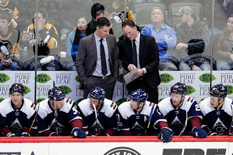 Feb 9, 2017; Denver, CO, USA; Colorado Avalanche head coach Jared Bednar (L) with assistant coach Nolan Pratt (R) in the first period against the Pittsburgh Penguins at the Pepsi Center. Mandatory Credit: Isaiah J. Downing-USA TODAY Sports