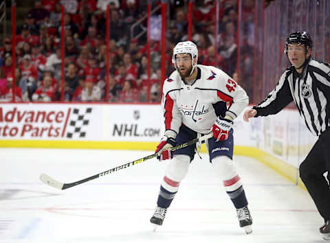 RALEIGH, NC – APRIL 18: Tom Wilson #43 of the Washington Capitals skates for position on the ice in Game Four of the Eastern Conference First Round against the Carolina Hurricanes during the 2019 NHL Stanley Cup Playoffs on April 18, 2019 at PNC Arena in Raleigh, North Carolina. (Photo by Gregg Forwerck/NHLI via Getty Images)