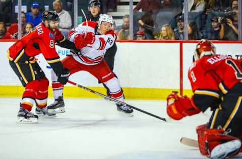 Oct 20, 2016; Calgary, Alberta, CAN; Carolina Hurricanes left wing Jeff Skinner (53) shoot the puck on the net against Calgary Flames during the second period at Scotiabank Saddledome. Mandatory Credit: Sergei Belski-USA TODAY Sports