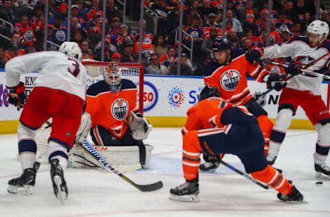 EDMONTON, AB – MARCH 27: during the Edmonton Oilers game versus the Columbus Blue Jackets game on March 27, 2018, at Rogers Place in Edmonton, AB. (Photo by Curtis Comeau/Icon Sportswire via Getty Images)