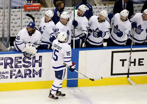 TORONTO, ONTARIO – JULY 28: Alexander Kerfoot #15 of the Toronto Maple Leafs  . (Photo by Andre Ringuette/Freestyle Photo/Getty Images)