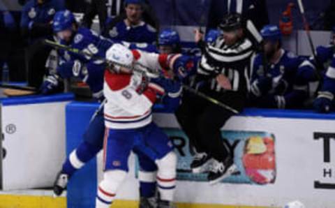 Jul 7, 2021; Tampa, Florida, USA; Montreal Canadiens defenseman Ben Chiarot (8) checks Tampa Bay Lightning center Blake Coleman (20) during the second period in game five of the 2021 Stanley Cup Final at Amalie Arena. Mandatory Credit: Douglas DeFelice-USA TODAY Sports