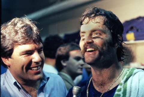 Gorman Thomas (right), slugging star of the 1982 Brewers. (Photo by Owen Shaw/Getty Images) (Photo by Owen C. Shaw/Getty Images)