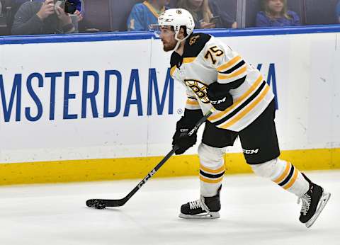 ST. LOUIS, MO – JUN 09: Boston Bruins defenseman Connor Clifton (75) with the puck during Game 6 of the Stanley Cup Final between the Boston Bruins and the St. Louis Blues, on June 09, 2019, at Enterprise Center, St. Louis, Mo. (Photo by Keith Gillett/Icon Sportswire via Getty Images)