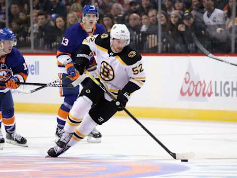 NEW YORK, NEW YORK – JANUARY 11: Sen Kuraly #52 of the Boston Bruins skates in his 200th NHL game against the New York Islanders at the Barclays Center on January 11, 2020 in the Brooklyn borough of New York City. The Bruins defeated the Islanders 3-2 in overtime. (Photo by Bruce Bennett/Getty Images)