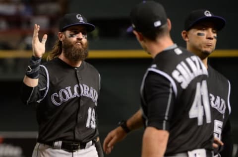 Apr 28, 2017; Phoenix, AZ, USA; Colorado Rockies outfielder Charlie Blackmon (19) celebrates after closing out the game against the Arizona Diamondbacks at Chase Field. Mandatory Credit: Jennifer Stewart-USA TODAY Sports