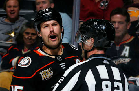 ANAHEIM, CA – NOVEMBER 18: Ryan Getzlaf #15 of the Anaheim Ducks exchanges words with a player from the Colorado Avalanche during the game on November 18, 2018, at Honda Center in Anaheim, California. (Photo by Debora Robinson/NHLI via Getty Images)