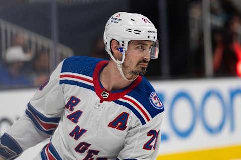 Jan 13, 2022; San Jose, California, USA; New York Rangers left wing Chris Kreider (20) during the third period against the San Jose Sharks at SAP Center at San Jose. Mandatory Credit: Stan Szeto-USA TODAY Sports