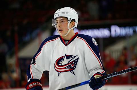 Jan 10, 2017; Raleigh, NC, USA; Columbus Blue Jackets defensemen Zach Werenski (8) looks on against the Carolina Hurricanes at PNC Arena. The Carolina Hurricanes defeated the Columbus Blue Jackets 5-3. Mandatory Credit: James Guillory-USA TODAY Sports