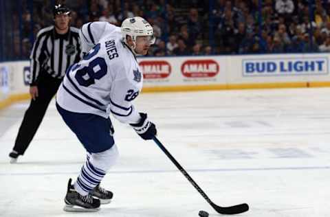 Mar 28, 2016; Tampa, FL, USA; Toronto Maple Leafs right wing Brad Boyes (28) skates with the puck against the Tampa Bay Lightning during the third period at Amalie Arena. Tampa Bay Lightning defeated the Toronto Maple Leafs 3-0. Mandatory Credit: Kim Klement-USA TODAY Sports