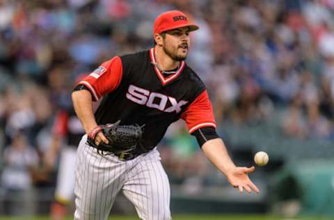 CHICAGO, IL – AUGUST 26: Chicago White Sox starting pitcher Carlos Rodon (55) loses to first for an out on a sacrifice bunt by Detroit Tigers infielder Dixon Machado (49) in the 1st inning during an MLB game between the Detroit Tigers and the Chicago White Sox on August 26, 2017, at Guaranteed Rate Field in Chicago, IL. (Photo By Daniel Bartel/Icon Sportswire via Getty Images)