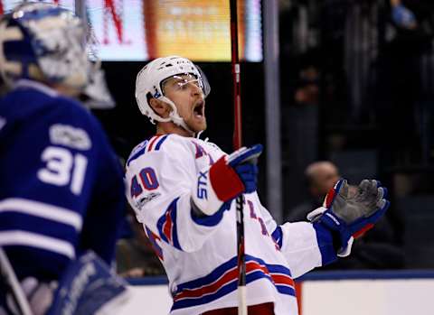 Jan 19, 2017; Toronto, Ontario, CAN; New York Rangers forward Michael Grabner (40) reacts after scoring a shorthanded goal on Toronto Maple Leafs goaltender Frederik Andersen (31) in the third period at the Air Canada Centre. New York defeated Toronto 5-2. Mandatory Credit: John E. Sokolowski-USA TODAY Sports