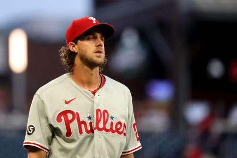 Sep 29, 2021; Atlanta, Georgia, USA; Philadelphia Phillies starting pitcher Aaron Nola (27) walks to the dugout before their game against the Atlanta Braves at Truist Park. Mandatory Credit: Jason Getz-USA TODAY Sports