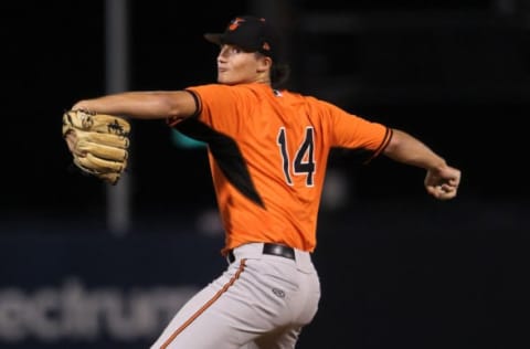 TAMPA, FL – AUGUST 03: Ethan Hankins (14) of Forsyth Central HS (GA) delivers a pitch to the plate during the East Coast Pro Showcase on August 02, 2017, at Steinbrenner Field in Tampa, FL. (Photo by Cliff Welch/Icon Sportswire via Getty Images)