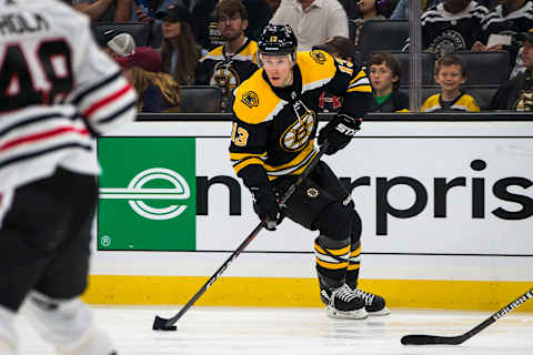 BOSTON – SEPTEMBER 28: Boston Bruins center Charlie Coyle (13) handles the puck during the second period. The Boston Bruins host the Chicago Blackhawks in their final pre-season NHL hockey game at TD Garden in Boston on Sep. 28, 2019. (Photo by Nic Antaya for The Boston Globe via Getty Images)