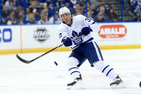 TAMPA, FL – MARCH 20: Josh Leivo #32 of the Toronto Maple Leafs  . (Photo by Mike Ehrmann/Getty Images)