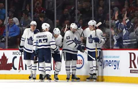 Nov 19, 2016; Montreal, Quebec, CAN; Toronto Maple Leafs center William Nylander (29) celebrates his goal against Montreal Canadiens with teammates during the second period at Bell Centre. Mandatory Credit: Jean-Yves Ahern-USA TODAY Sports