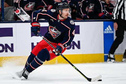 Nov 10, 2022; Columbus, Ohio, USA; Columbus Blue Jackets defenseman Vladislav Gavrikov (4) in the first period against the Philadelphia Flyers at Nationwide Arena. Mandatory Credit: Gaelen Morse-USA TODAY Sports