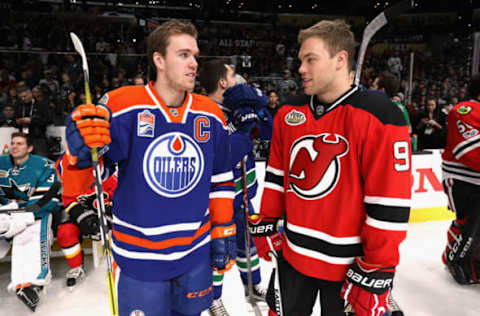 LOS ANGELES, CA – JANUARY 28: Connor McDavid #97 of the Edmonton Oilers and Taylor Hall #9 of the New Jersey Devils look on during the 2017 Coors Light NHL All-Star Skills Competition at Staples Center on January 28, 2017 in Los Angeles, California. (Photo by Dave Sandford/NHLI via Getty Images)