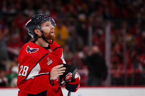 WASHINGTON, DC – OCTOBER 12: Connor Brown #28 of the Washington Capitals looks on against the Boston Bruins during the third period of the game at Capital One Arena on October 12, 2022 in Washington, DC. (Photo by Scott Taetsch/Getty Images)