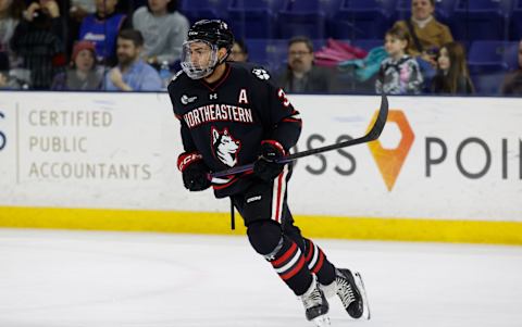 LOWELL, MA – MARCH 3: Jayden Struble #3 of the Northeastern Huskies skates against the UMass Lowell River Hawks during NCAA men’s hockey at the Tsongas Center on March 3, 2023 in Lowell, Massachusetts. The River Hawks won 3-1. (Photo by Richard T Gagnon/Getty Images)