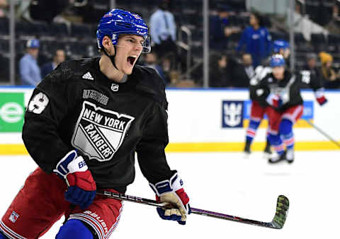 Lias Andersson #28 of the New York Rangers reacts during warmups