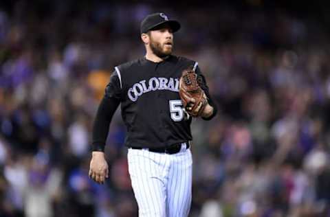 Apr 8, 2017; Denver, CO, USA; Colorado Rockies reliever Greg Holland celebrates a win over the Los Angeles Dodgers at Coors Field. The Rockies defeated the Dodgers 4-2. The Mandatory Credit: Ron Chenoy-USA TODAY Sports