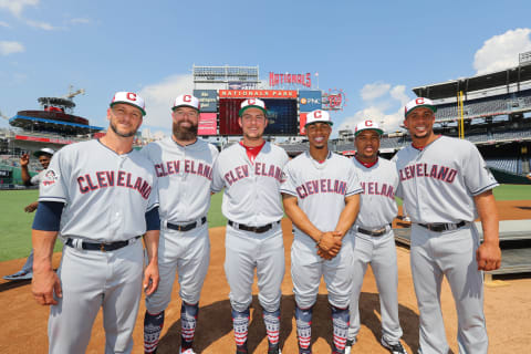 WASHINGTON, D.C. – JULY 16: Yan Gommes #7, Corey Klubber #28, Trevor Bauuer #47, Francisco Linddor #13, Jose Rammirez #11, and Michael Branttley #23 of the Cleveland Indians pose for a photo during the Gatorade All-Star Workout Day at Nationals Park on Monday, July 16, 2018 in Washington, D.C. (Photo by Alex Trautwig/MLB Photos via Getty Images)