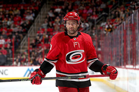 RALEIGH, NC – MARCH 13: Justin Williams #14 of the Carolina Hurricanes prepares for a faceoff against the Boston Bruins during an NHL game on March 13, 2018 at PNC Arena in Raleigh, North Carolina. (Photo by Gregg Forwerck/NHLI via Getty Images)