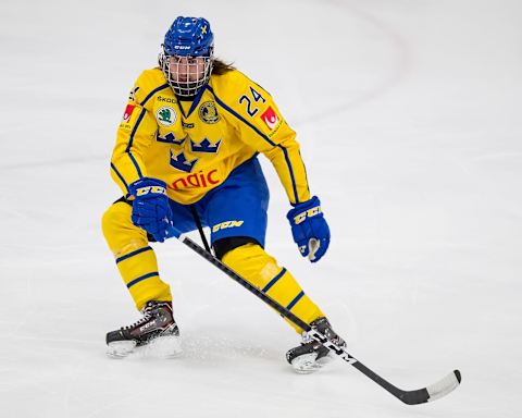 PLYMOUTH, MI – FEBRUARY 15: Albin Grewe #24 of the Sweden Nationals follows the play against the Finland Nationals during the 2018 Under-18 Five Nations Tournament game at USA Hockey Arena on February 15, 2018 in Plymouth, Michigan. Finland defeated Sweden 5-3. (Photo by Dave Reginek/Getty Images)*** Local Caption *** Albin Grewe