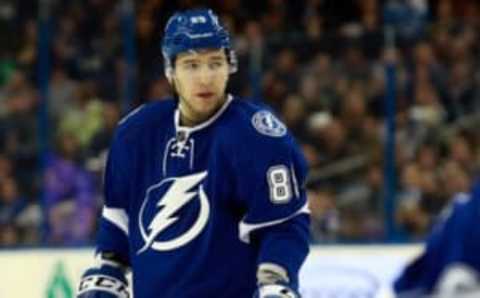 Feb 5, 2016; Tampa, FL, USA; Tampa Bay Lightning defenseman Nikita Nesterov (89) during the third period at Amalie Arena. Tampa Bay Lightning defeated the Pittsburgh Penguins 6-3. Mandatory Credit: Kim Klement-USA TODAY Sports