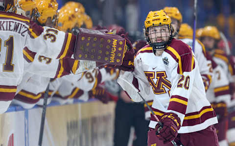 TAMPA, FLORIDA – APRIL 06: Luke Mittelstadt #20 of the Minnesota Golden Gophers celebrates a goal in the third period during a semifinal of the 2023 Frozen Four against the Boston UniversityTerriers at Amalie Arena on April 06, 2023 in Tampa, Florida. (Photo by Mike Ehrmann/Getty Images)