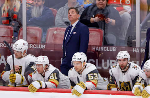 Mar 7, 2023; Sunrise, Florida, USA; Vegas Golden Knights head coach Bruce Cassidy watches from the bench during the first period against the Florida Panthers at FLA Live Arena. Mandatory Credit: Sam Navarro-USA TODAY Sports