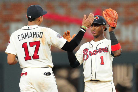 ATLANTA, GA – AUGUST 5: Johan Camargo #17 and Ozzie Albies #1 of the Atlanta Braves celebrate after the game against the Miami Marlins at SunTrust Park on August 5, 2017 in Atlanta, Georgia. (Photo by Scott Cunningham/Getty Images)