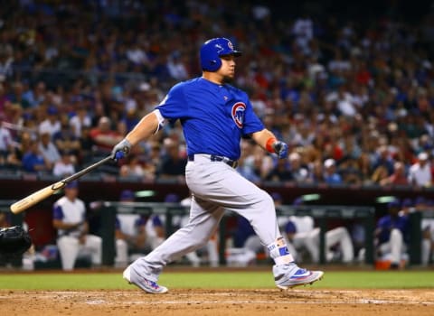 Apr 7, 2016; Phoenix, AZ, USA; Chicago Cubs outfielder Kyle Schwarber bats in the second inning against the Arizona Diamondbacks at Chase Field. Mandatory Credit: Mark J. Rebilas-USA TODAY Sports