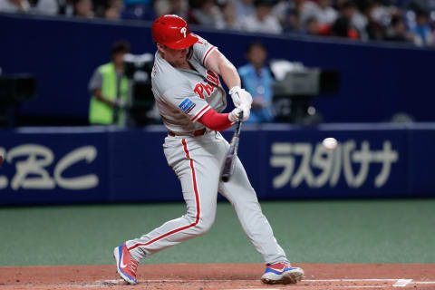 Because Hoskins answers after-game questions in detail, he is the prince of the Phillies princes. Photo by Kiyoshi Ota/Getty Images.