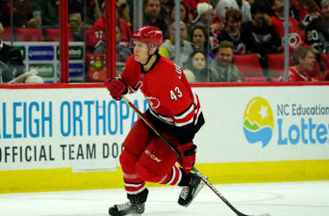 RALEIGH, NC – NOVEMBER 7: Eetu Luostarinen #43 of the Carolina Hurricanes skates for position during an NHL game against the New York Rangers on November 7, 2019 at PNC Arena in Raleigh, North Carolina. (Photo by Gregg Forwerck/NHLI via Getty Images)