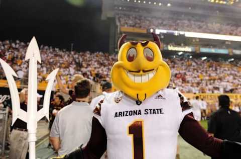 Sep 18, 2015; Tempe, AZ, USA; Arizona State Sun Devils mascot Sparky looks on during the first half against the New Mexico Lobos at Sun Devil Stadium. Mandatory Credit: Matt Kartozian-USA TODAY Sports