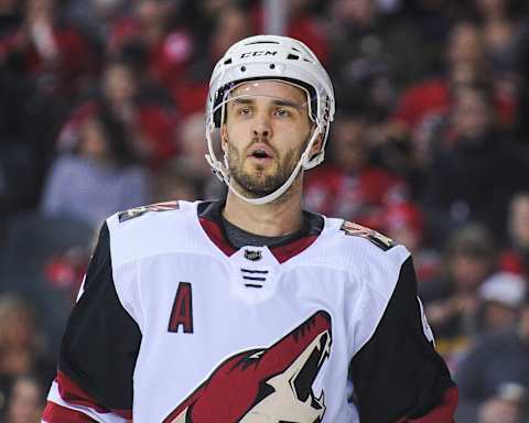 CALGARY, AB – FEBRUARY 18: Niklas Hjalmarsson #4 of the Arizona Coyotes . (Photo by Derek Leung/Getty Images)