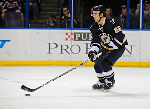 Jan 13, 2015; St. Louis, MO, USA; St. Louis Blues defenseman Kevin Shattenkirk (22) handles the puck against the Edmonton Oilers during the first period at Scottrade Center. Mandatory Credit: Jeff Curry-USA TODAY Sports