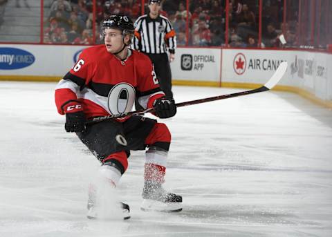 OTTAWA, ON – MARCH 14: Erik Brannstrom #26 of the Ottawa Senators skates against the St. Louis Blues at Canadian Tire Centre on March 14, 2019 in Ottawa, Ontario, Canada. (Photo by Andre Ringuette/NHLI via Getty Images)