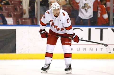 SUNRISE, FLORIDA – OCTOBER 08: Nino Niederreiter #21 of the Carolina Hurricanes skates on the ice prior to the game at BB&T Center on October 08, 2019 in Sunrise, Florida. (Photo by Michael Reaves/Getty Images)