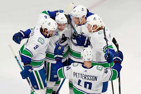 Bo Horvat of the Vancouver Canucks celebrates his power-play goal vs St. Louis (Photo by Jeff Vinnick/Getty Images)