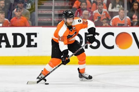 Apr 24, 2016; Philadelphia, PA, USA; Philadelphia Flyers center Claude Giroux (28) during the second period against the Washington Capitals in game six of the first round of the 2016 Stanley Cup Playoffs at Wells Fargo Center. Mandatory Credit: Derik Hamilton-USA TODAY Sports