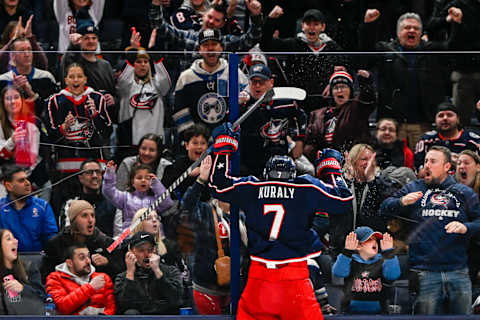 Nov 17, 2022; Columbus, Ohio, USA; Columbus Blue Jackets center Sean Kuraly (7) celebrates a goal in the third period against the Montreal Canadiens at Nationwide Arena. Mandatory Credit: Gaelen Morse-USA TODAY Sports