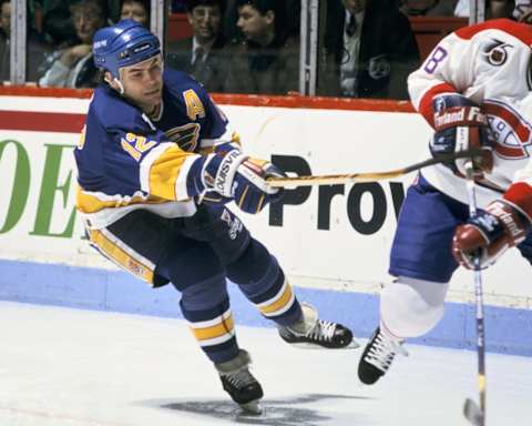 MONTREAL 1990’s: Adam Oates #12 of the St. Louis Blues skates against the Montreal Canadiens in the early 1990’s at the Montreal Forum in Montreal, Quebec, Canada. (Photo by Denis Brodeur/NHLI via Getty Images)