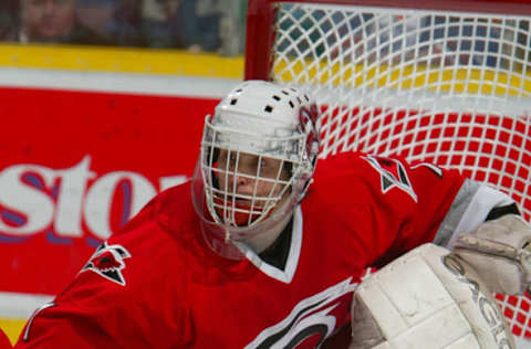 2003 Season: Player Arturs Irbe of the Carolina Hurricanes. (Photo by Bruce Bennett Studios via Getty Images Studios/Getty Images)