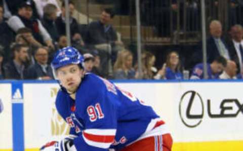 NEW YORK, NEW YORK – APRIL 10: Vladimir Tarasenko #91 of the New York Rangers skates against the Buffalo Sabres at Madison Square Garden on April 10, 2023 in New York City. The Sabres defeated the Rangers 3-2 in the shootout. (Photo by Bruce Bennett/Getty Images)