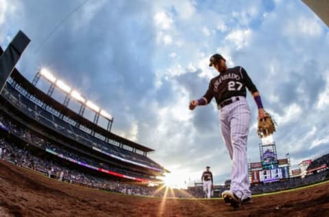 May 31, 2016; Denver, CO, USA; Colorado Rockies shortstop Trevor Story (27) in the third inning against the Cincinnati Reds at Coors Field. Mandatory Credit: Isaiah J. Downing-USA TODAY Sports. MLB.